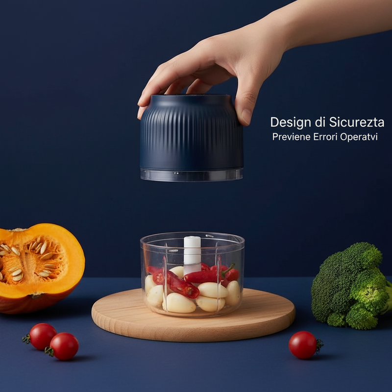 Pressa Aglio Elettrica Pro – Tritatutto Mini Senza Fili (Blu Navy & Bianco)
